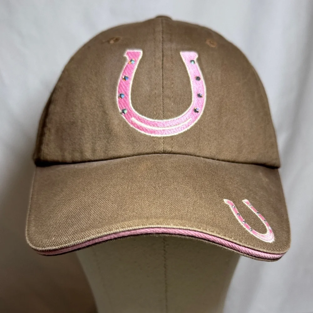 Brown Cotton Cap with Pink Horseshoe Design.